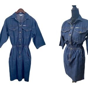 Vintage Ideas Denim Midi Dress‎ Elastic Waist Button Front Blue Cotton Womens